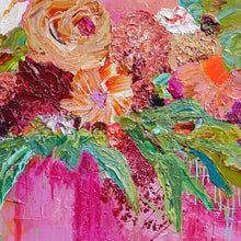 Load image into Gallery viewer, Multicoloured blooms against a hot pink background. Detail view.
