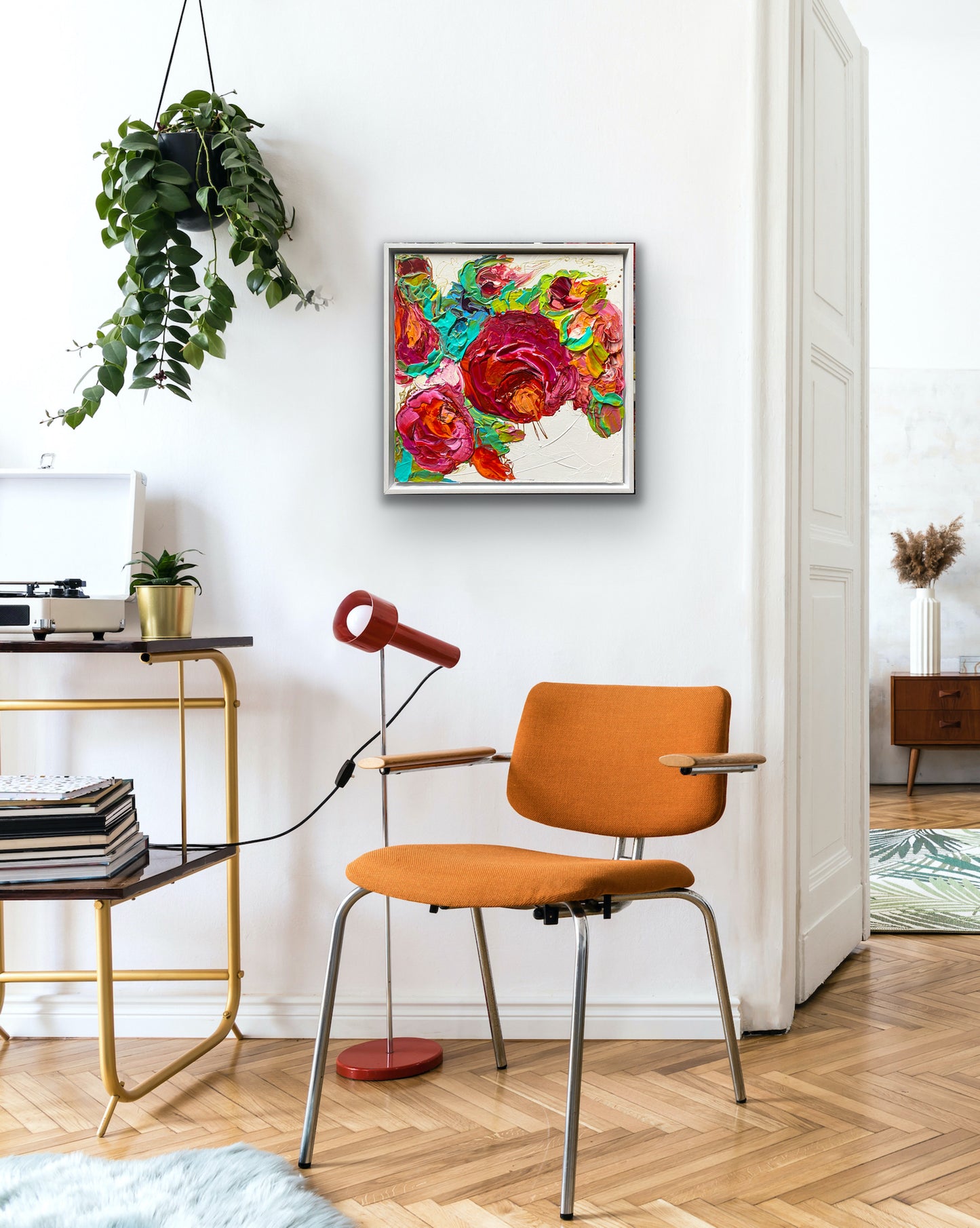 Flowers for Me original artwork 40cm x 40cm Acrylic on Canvas in White oak Box frame Insitu in living room
