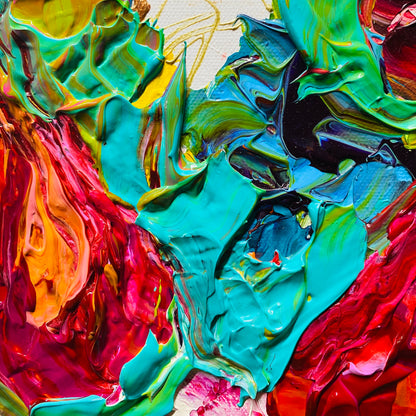 Kerry Bruce Flowers for Me original artwork 40cm x 40cm Acrylic on Canvas, White oak Box frame, displaying textural features