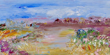 Load image into Gallery viewer, Abstract painting of a field in shades of pink, orange, green and yellow against a blue sky.
