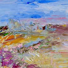 Load image into Gallery viewer, Abstract painting of a field in shades of pink, orange, green and yellow against a blue sky. Square view.
