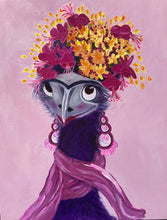 Load image into Gallery viewer, A fun flamboyant painting of an emu with a floral headdress, dangling earrings and a scarf inspired by Frida Kahlo, against a pink background. 
