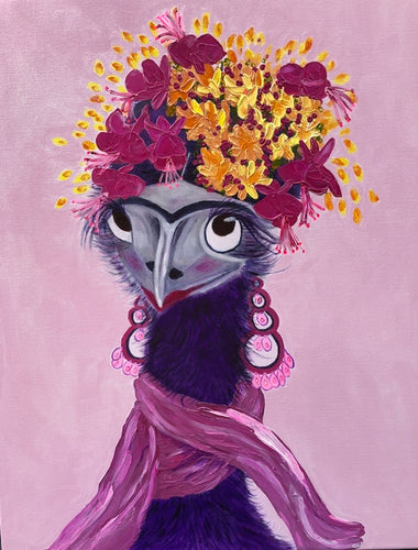 A fun flamboyant painting of an emu with a floral headdress, dangling earrings and a scarf inspired by Frida Kahlo, against a pink background. 
