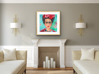 A beautiful and colourful limited edition print of Frida Kahlo with red and pink flowers in Frida's hair against a turquoise and aqua background, framed in Tasmanian Oak.