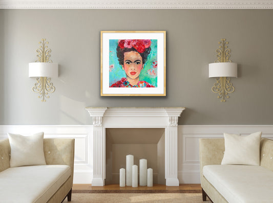 A beautiful and colourful limited edition print of Frida Kahlo with red and pink flowers in Frida's hair against a turquoise and aqua background, framed in Tasmanian Oak.