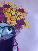 Load image into Gallery viewer, A fun flamboyant painting of an emu with a floral headdress, dangling earrings and a scarf inspired by Frida Kahlo, against a pink background.  Detail view.
