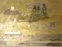 Load image into Gallery viewer, An abstract painting in a golden hue with geometric lines and light streaming through the clouds. Next to the clouds is a crown. Close up view of the painting.
