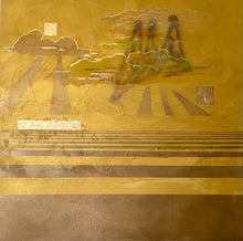Load image into Gallery viewer, An abstract painting in a golden hue with geometric lines and light streaming through the clouds. Next to the clouds is a crown.
