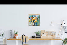Load image into Gallery viewer, Banksia and leucadendron in a vase against a blue green background. In situ on a white wall.
