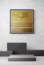 Load image into Gallery viewer, An abstract painting in a golden hue with geometric lines and light streaming through the clouds. Next to the clouds is a crown. Shown in situ on a white brick wall.
