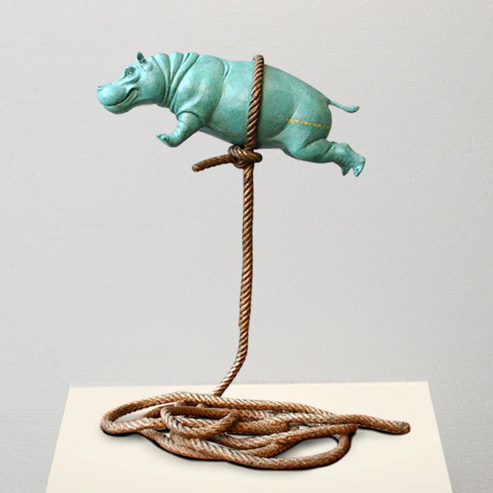 Gillie and Marc, Green Flying Hippo, Bronze w/green patina sculpture #5/8