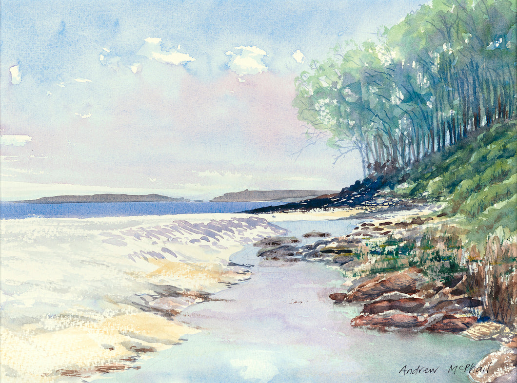A creek makes its way to the ocean at Greenfield Beach in Jervis Bay, meandering by grassy slopes, a stand of trees and red rocks at the edge of the ocean.
