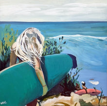 Load image into Gallery viewer, Two girls, one with long white blonde hair and the other with dark hair, both holding a surfboard under their arm, heading down a steep path to the beach  to go surfing.
