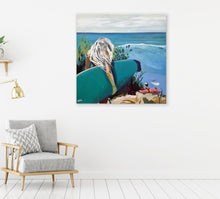 Load image into Gallery viewer, Two girls, one with long white blonde hair and the other with dark hair, both holding a surfboard under their arm, heading down a steep path to the beach  to go surfing. Shown in situ on a white living room wall.
