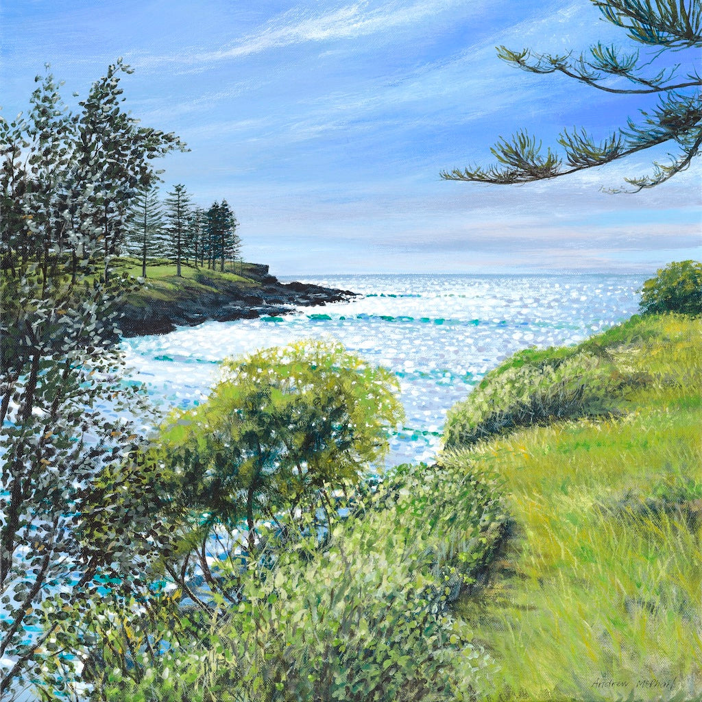 The sparkling waters of Storm Bay, Kiama on the NSW South Coast, with Norfolk Island pines dotting the headland.