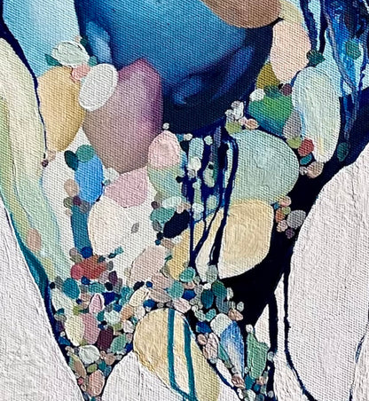 Abstract painting with a background of mostly white with blues and multi coloured detail. Detail view of painting shown here.