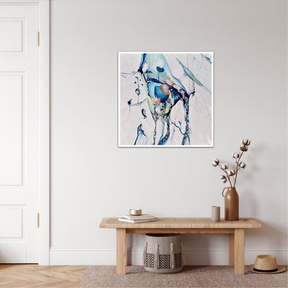 Abstract painting with a background of mostly white with blues and multi coloured detail. Shown on an off white wall.