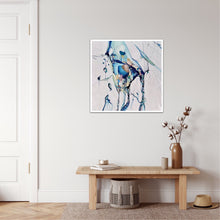 Load image into Gallery viewer, Abstract painting with a background of mostly white with blues and multi coloured detail. Shown on an off white wall.
