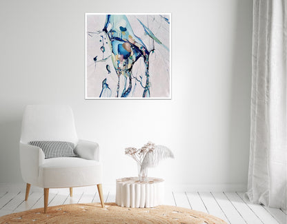 Abstract painting with a background of mostly white with blues and multi coloured detail. Shown on a white wall.