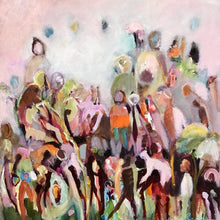 Load image into Gallery viewer, People and animals in a multicoloured abstract painting against a pale pink background.
