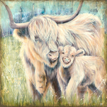 Load image into Gallery viewer, Highland cow mother and calf in pastel coloured grass and blue sky.
