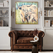 Load image into Gallery viewer, Highland cow mother and calf in pastel coloured grass and blue sky. In situ in a study.
