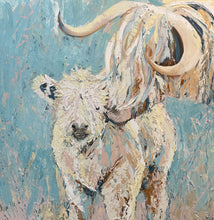 Load image into Gallery viewer, A Highland cow and her calf, painted against a pastel blue background.
