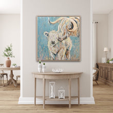 Load image into Gallery viewer, A Highland cow and her calf, painted against a pastel blue background. Shown inset on a dividing wall.

