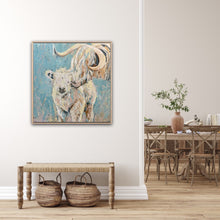 Load image into Gallery viewer, A Highland cow and her calf, painted against a pastel blue background. Shown in situ on a white wall.

