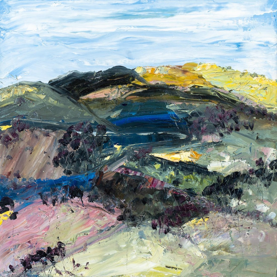 Abstract landscape with a countryside in colours of yellow, pink, green and blue.