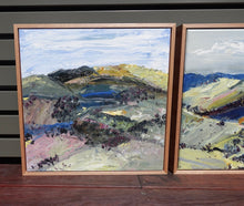 Load image into Gallery viewer, Abstract landscape with a countryside in colours of yellow, pink, green and blue. Shown against a matching painting.
