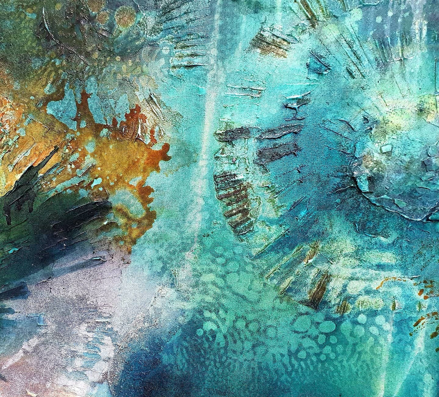 Multi-coloured painting of an ocean pool. Closeup detail view of the painting.