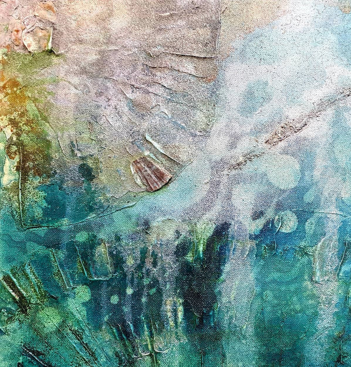 Multi-coloured painting of an ocean pool. Detail view shown.