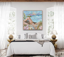 Load image into Gallery viewer, A girl in a bikini, lying in a hammock, next to hibiscus flowers and palm fronds, gazing out at the ocean and the sunset. Shown here on a white bedroom room wall.
