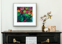 Load image into Gallery viewer, A magnificent limited edition print of a bunch of vibrant blooms in a turquoise glass vase against a turquoise, green and magenta background, framed in Tasmanian Oak.
