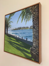 Load image into Gallery viewer, Black Beach in Kiama looks south to the harbour and Blowhole Point.  The palms frame this shimmering view on a fantastic day. The interplay  between shadow and light really sets this painting apart.

