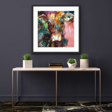 Load image into Gallery viewer, A gorgeous limited edition print of Dairy Queen the cow. Set against a muted, multi coloured background, in a black frame.
