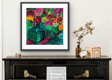 Load image into Gallery viewer, A magnificent bunch of vibrant blooms in a turquoise glass vase against a turquoise, green and magenta background, in a black frame.
