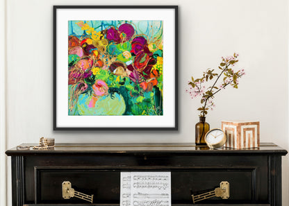 Limited edition print of a mass of gorgeous blooms in shades of green, pink, magenta, red and gold in a green glass vase.