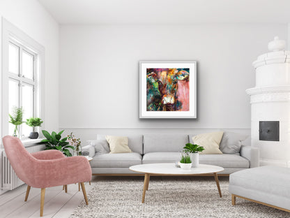 A gorgeous limited edition print of Dairy Queen the cow. Set against a muted, multi coloured background, in a white frame.
