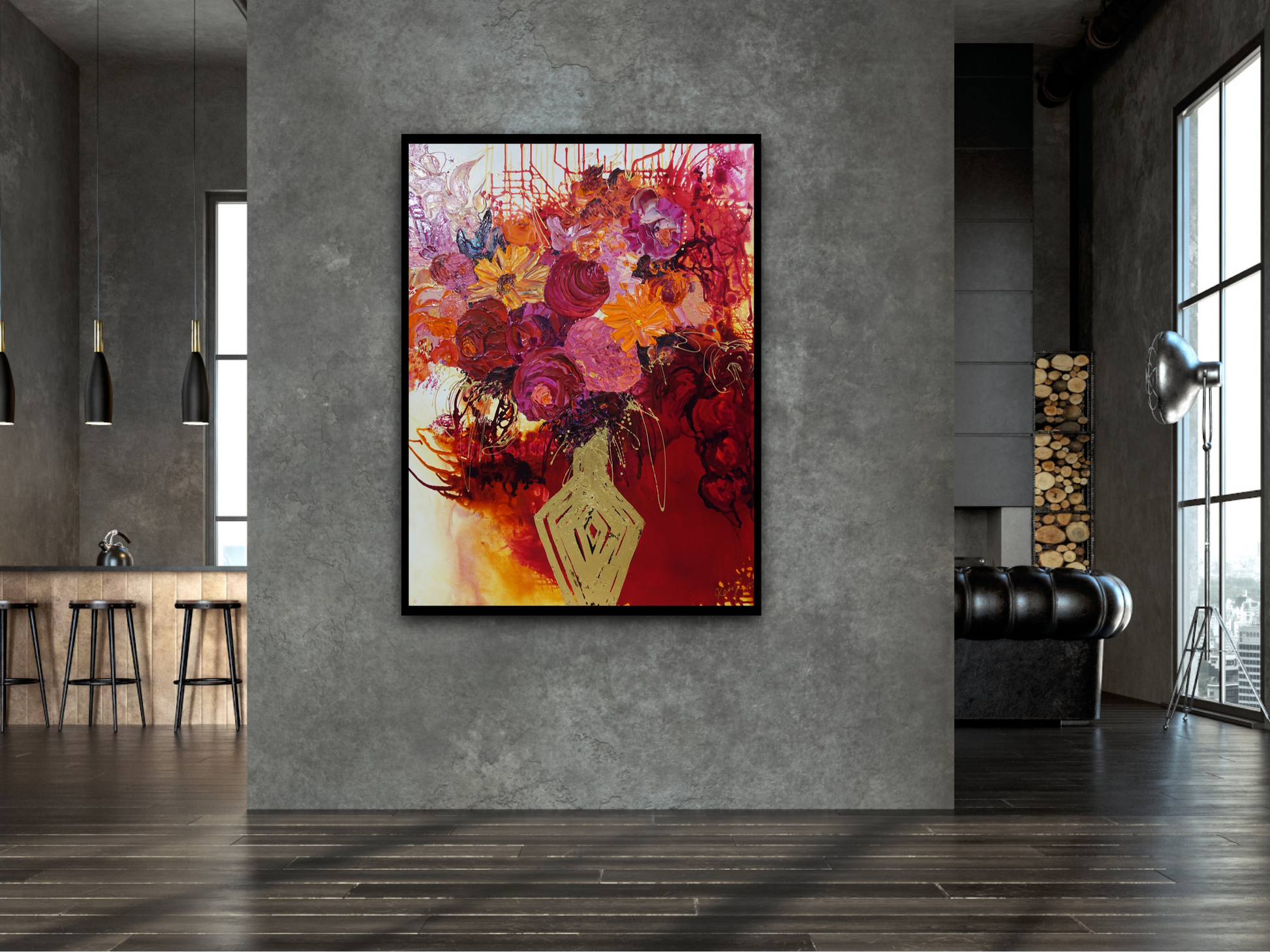 Gold vase with a mass of pink, red and orange blooms with red, gold and white background