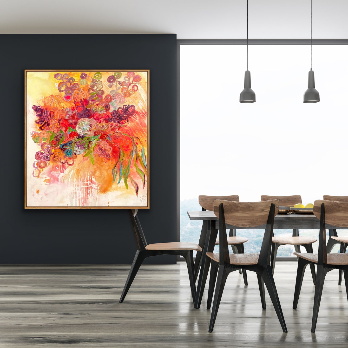 Kerry Bruce Nourish the Natives original artwork 116 x 130cm Acrylic on Linen in Light Oak Box Frame, Insitu in dining room