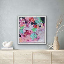 Load image into Gallery viewer, Original painting of blooms in lollipop pastel shades shown on a pale grey wall.
