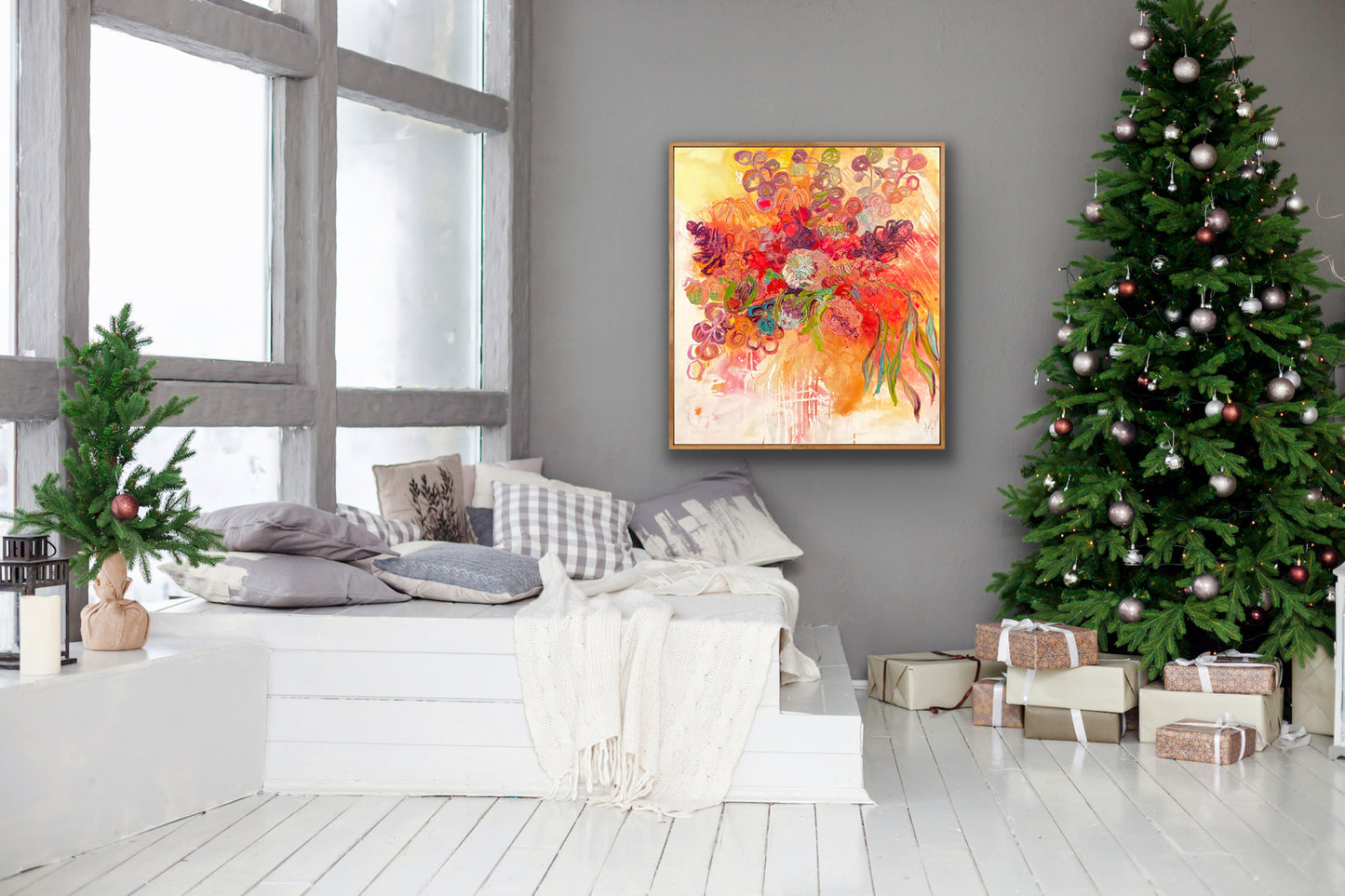 Kerry Bruce Nourish the Natives original artwork 116 x 130cm Acrylic on Linen in Light Oak Box Frame, Insitu in living room