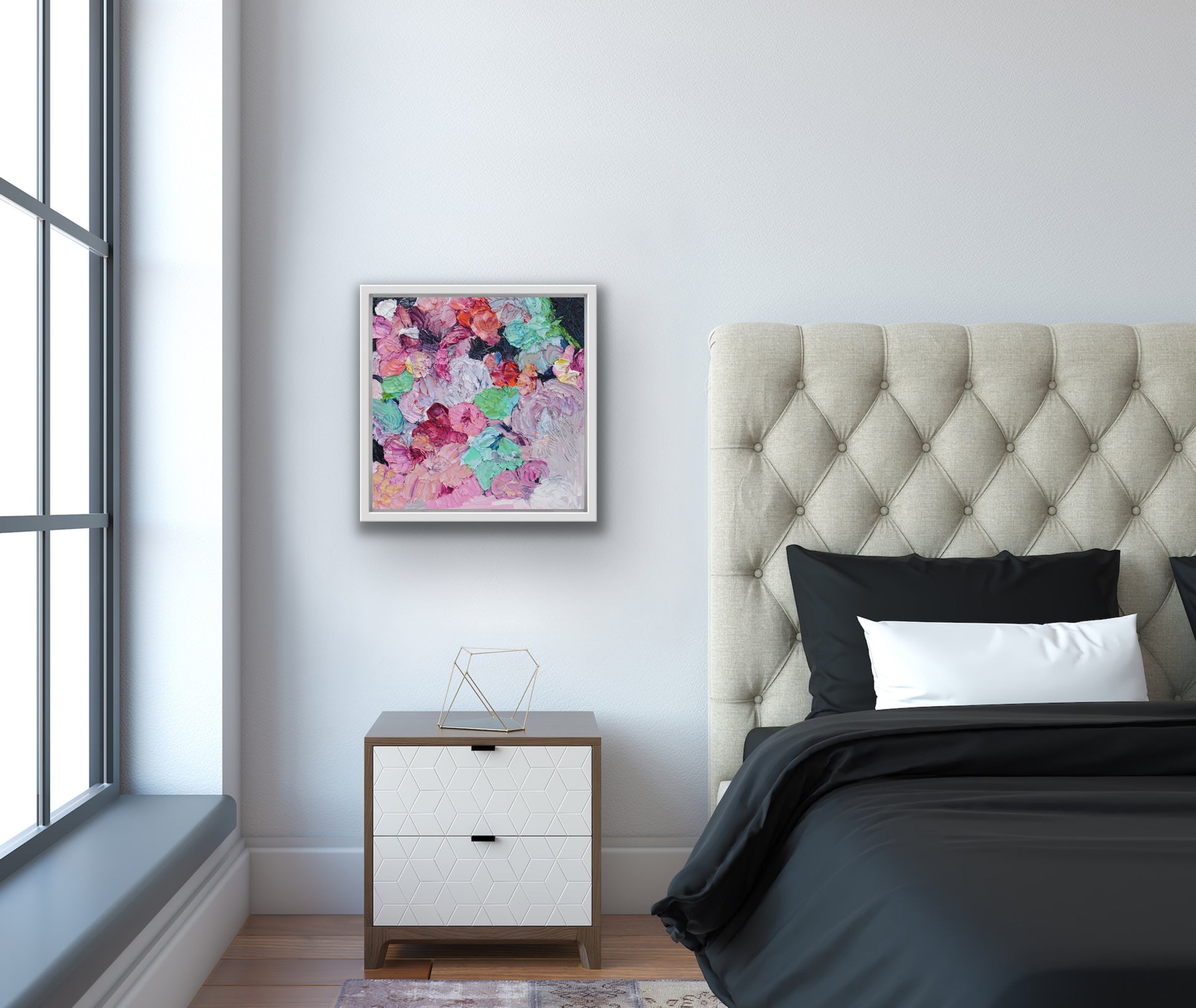 Original painting of blooms in lollipop pastel shades. shown on a bedroom wall.