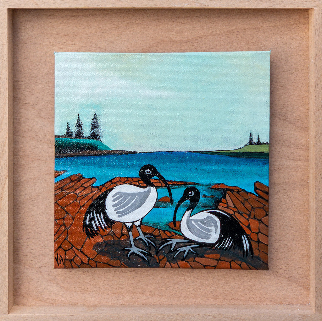 Small bright and colourful painting of two ibises on the iconic Black Beach in Kiama NSW.