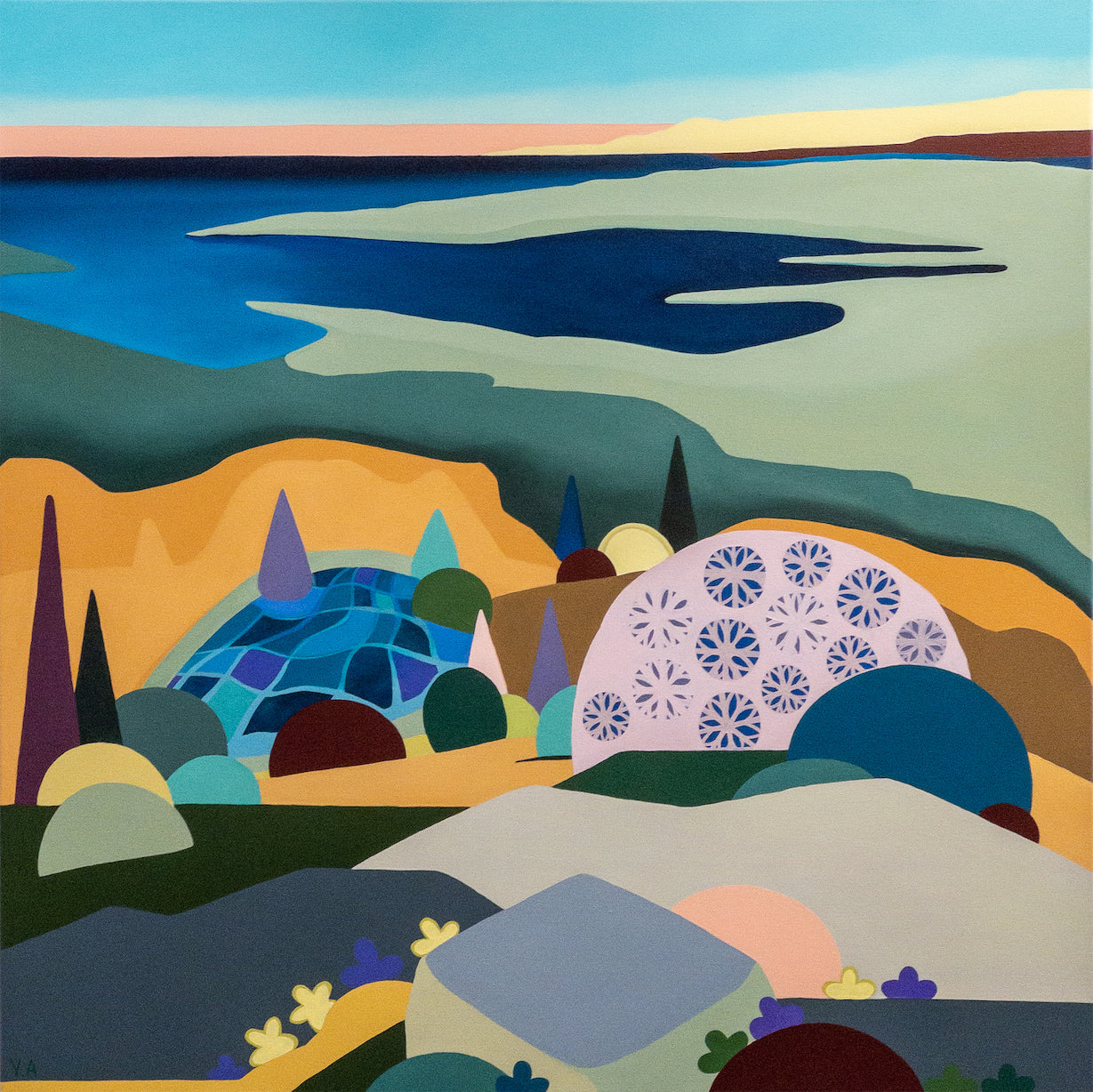 A colourful, stylised painting of the Illawarra.