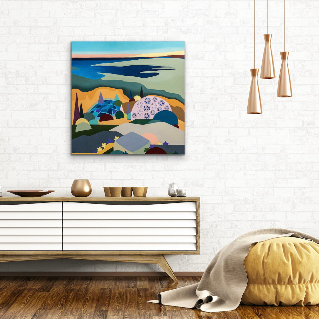 Acrylic and oil painting of the Illawarra shown in situ on a white brick wall.