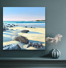 Load image into Gallery viewer, This corner of Werri beach has a mesmerizing view south, and unusual rock formations exposed at low tide. The play between surf flowing in and the tide going out of the lagoon gives a dynamic feel to the scene. I loved creating a high horizon line and detail in the rock, along with the morning light shadow and flash.
