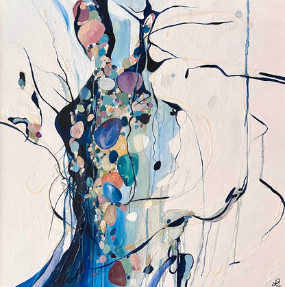 Abstract painting with multicolours on an off white background.